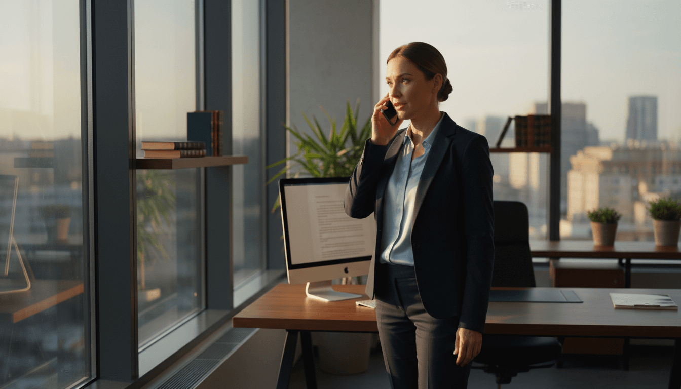 Legal professional speaking on the phone in a modern office