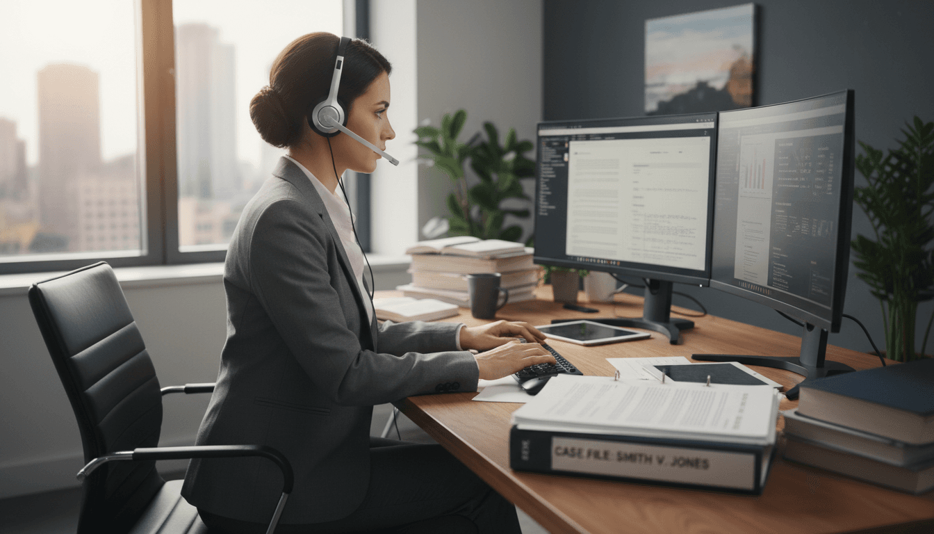 Legal professional wearing headset at desk
